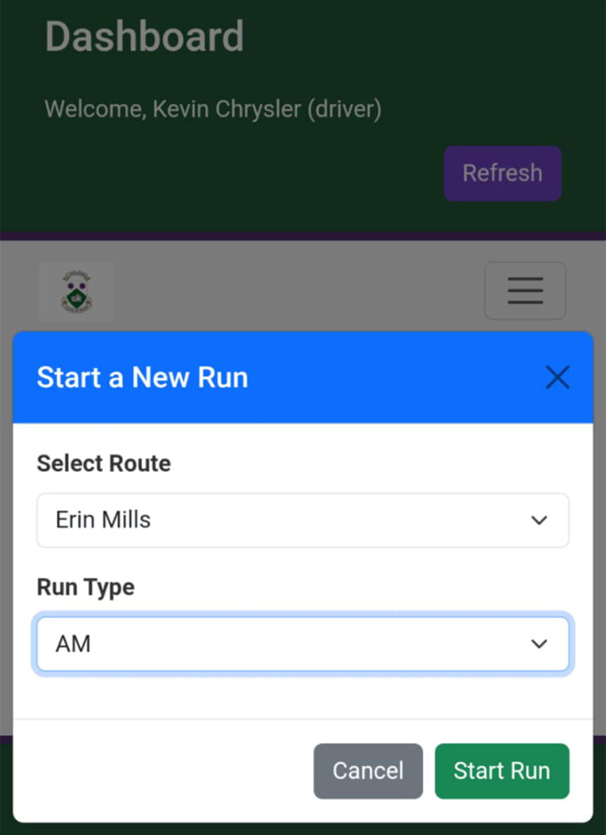 Start Run button on the route / run selection screen